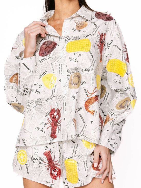 QUEEN OF SPARKLES Tops - Seafood On Newspaper Blouse